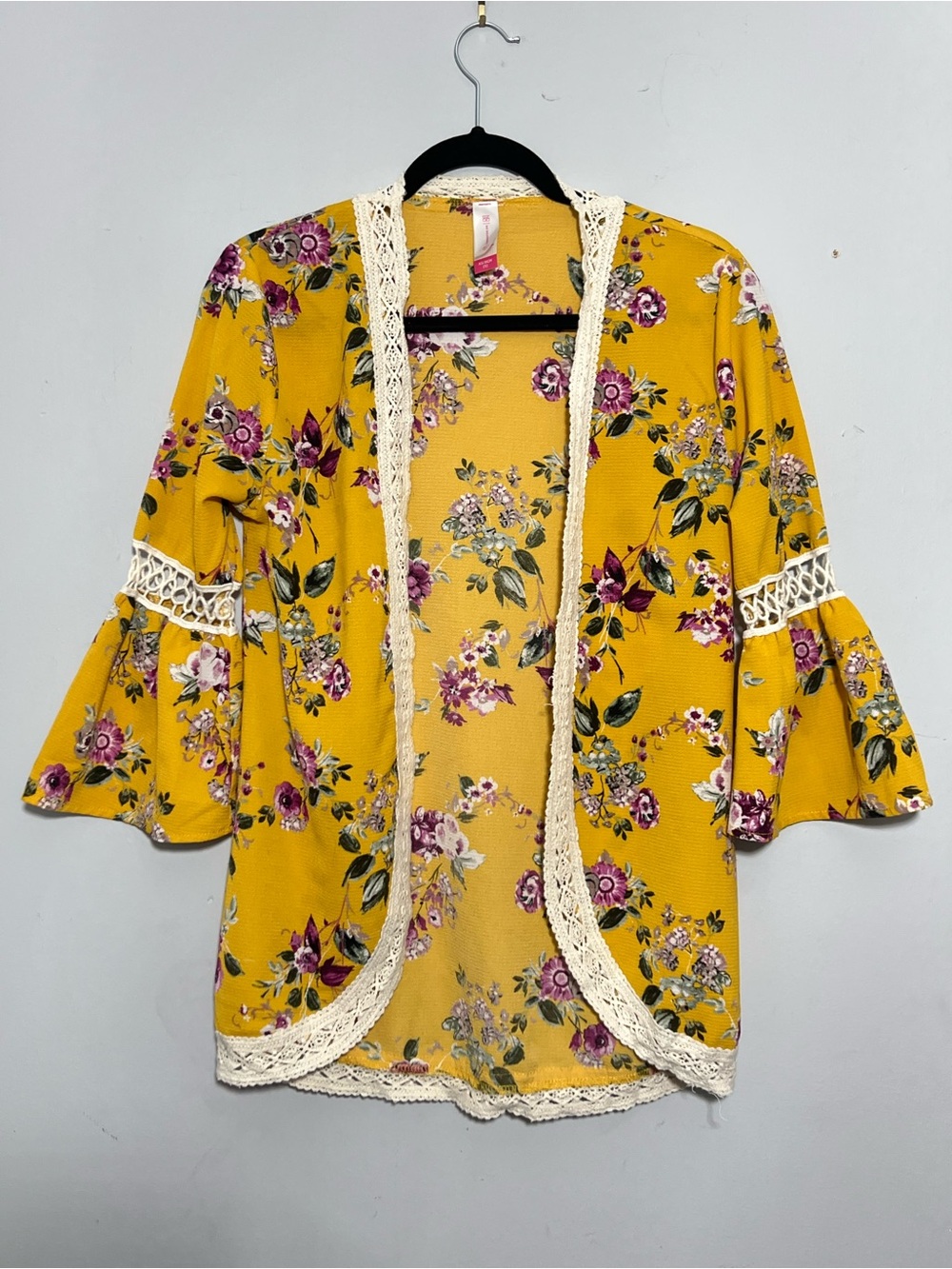 Mustard Floral Crochet-Trim Open Cardigan